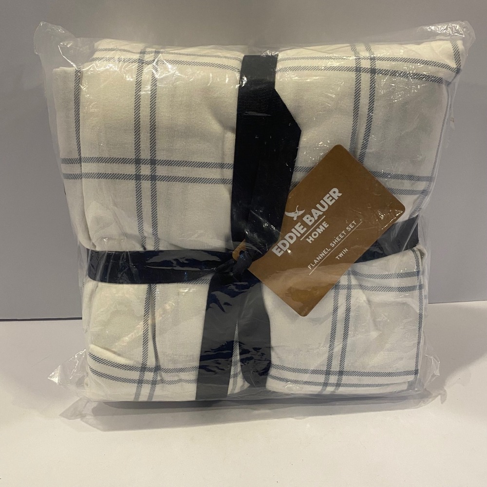 Eddie Bauer Flannel Sheet Set Twin White Navy Blue New Windowpane Plaid Home